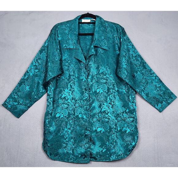 VICTORIAS SECRET Gold Label Top Womens M/L Green Floral Button Up Collared - Picture 1 of 11